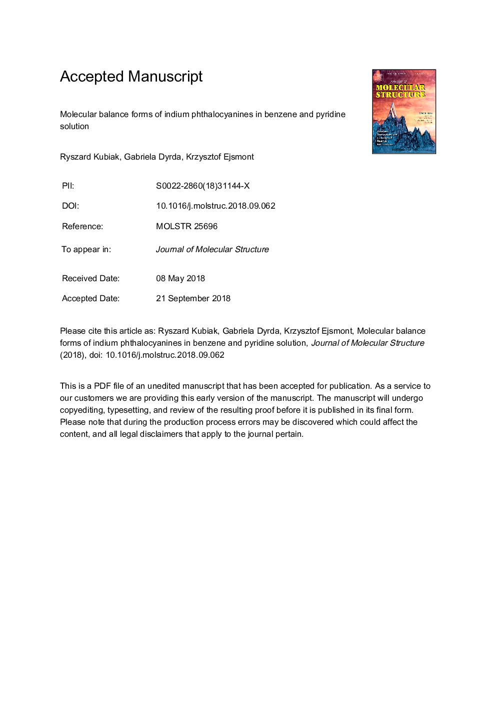 Molecular balance forms of indium phthalocyanines in benzene and pyridine solution