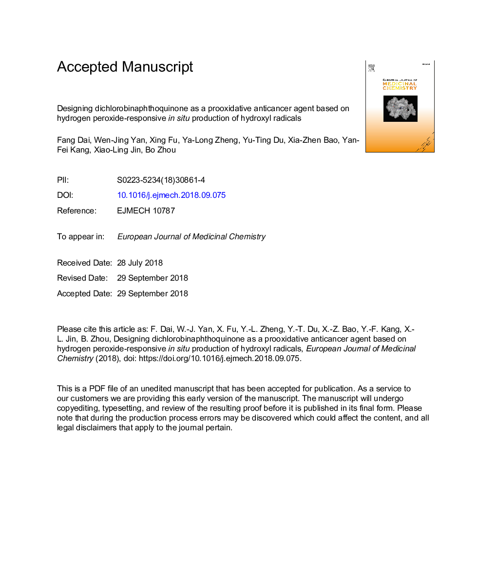 Designing dichlorobinaphthoquinone as a prooxidative anticancer agent based on hydrogen peroxide-responsive in situ production of hydroxyl radicals