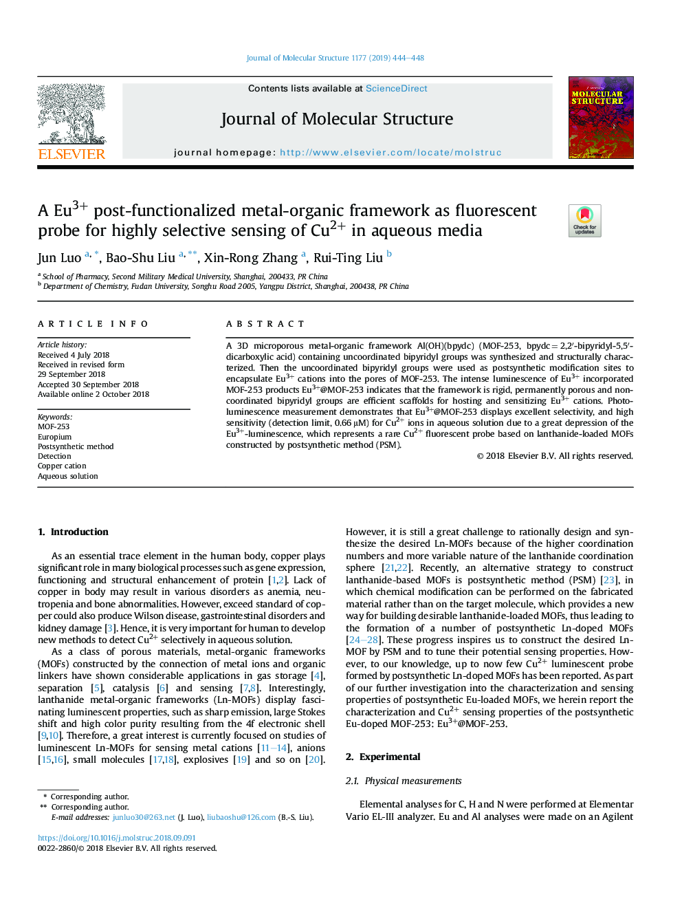 A Eu3+ post-functionalized metal-organic framework as fluorescent probe for highly selective sensing of Cu2+ in aqueous media