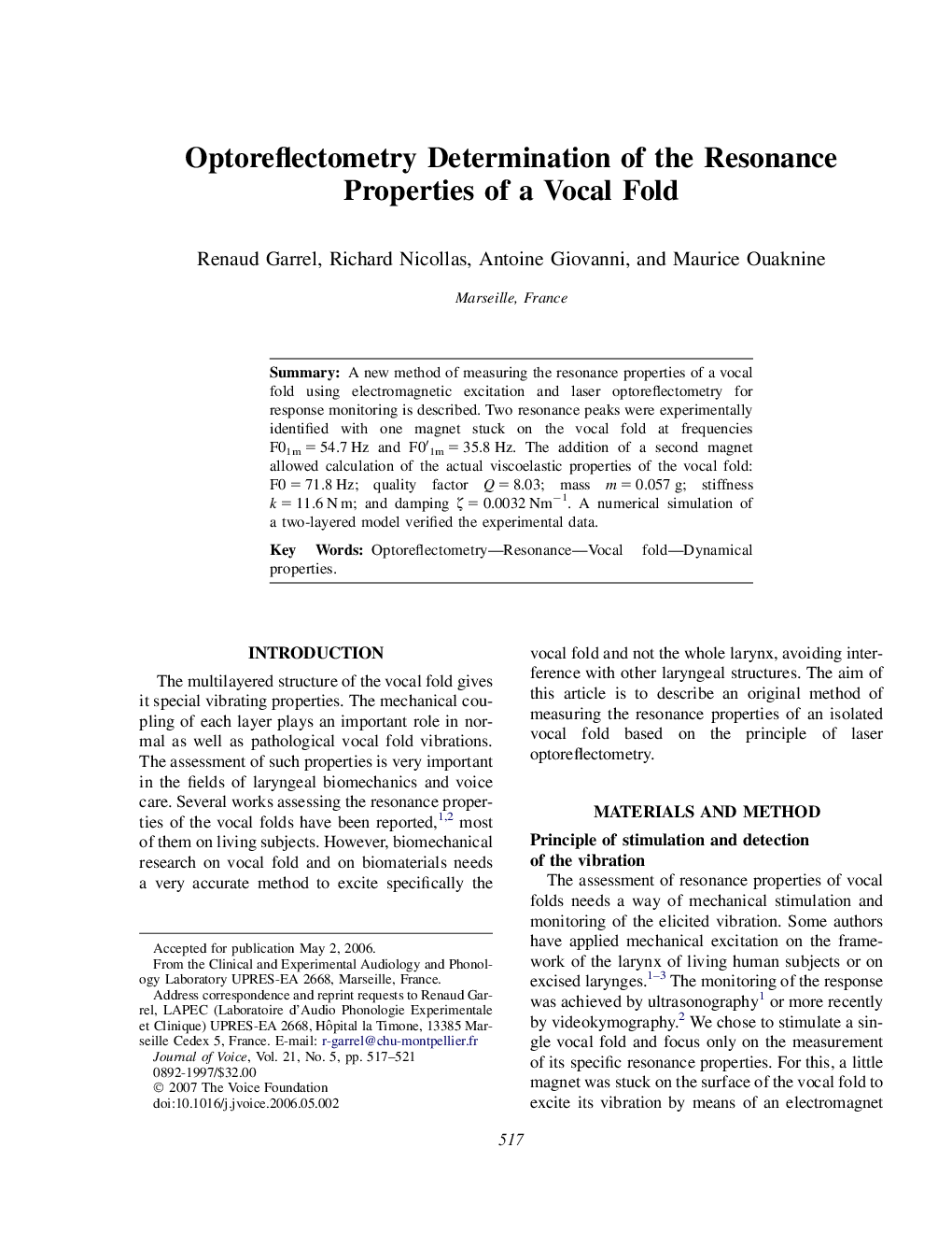 Optoreflectometry Determination of the Resonance Properties of a Vocal Fold