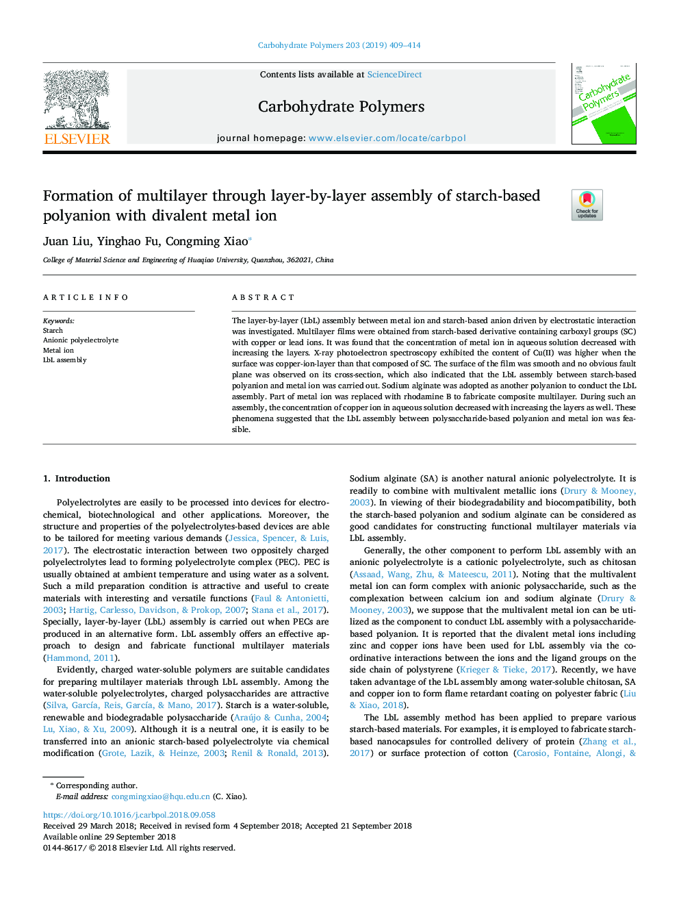 Formation of multilayer through layer-by-layer assembly of starch-based polyanion with divalent metal ion