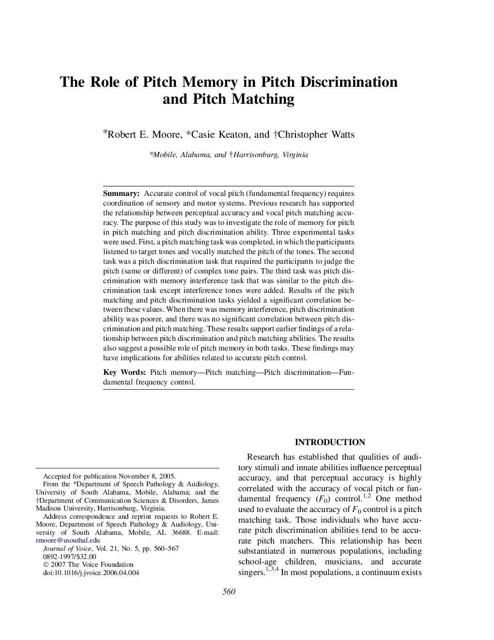 The Role of Pitch Memory in Pitch Discrimination and Pitch Matching