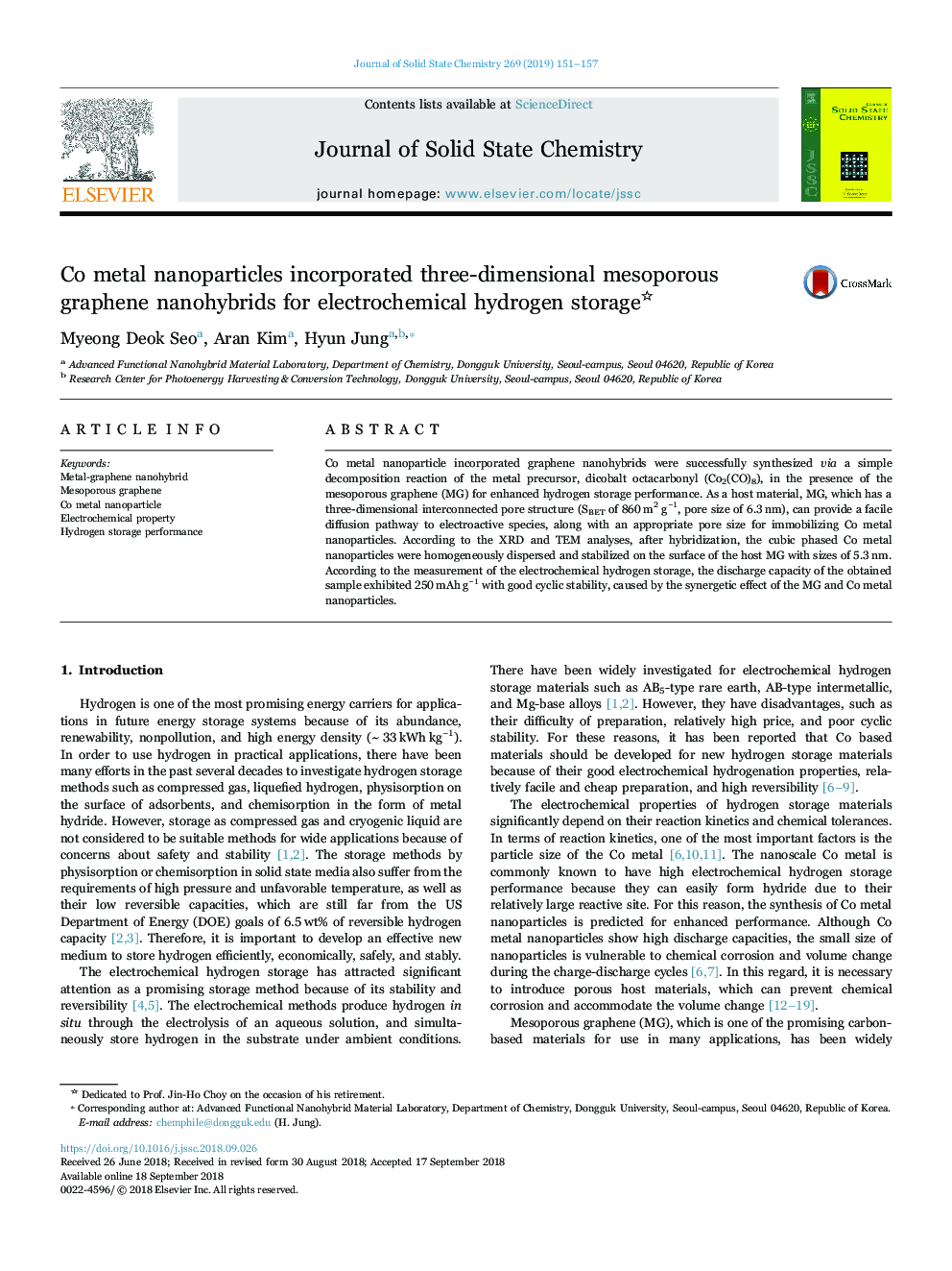 Co metal nanoparticles incorporated three-dimensional mesoporous graphene nanohybrids for electrochemical hydrogen storage