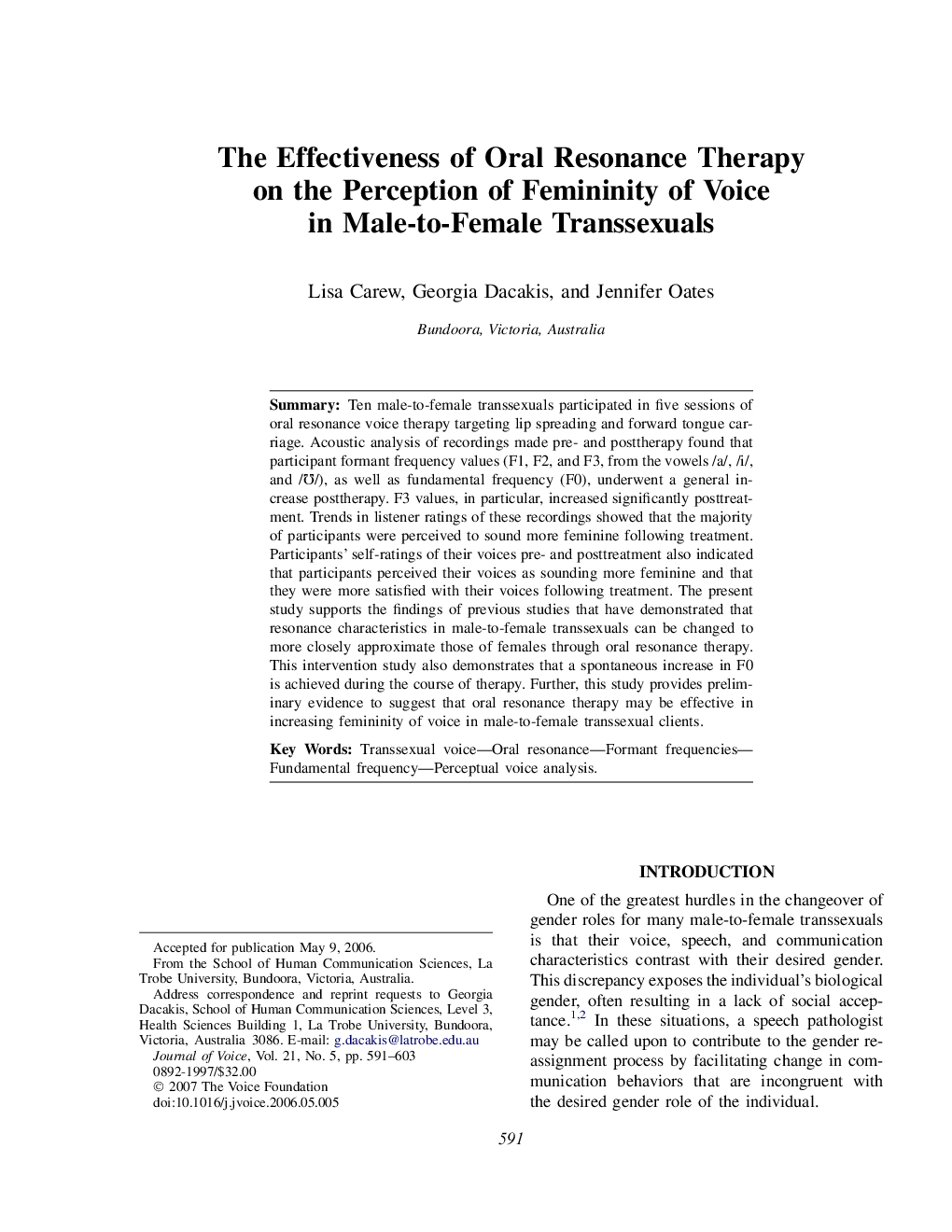 The Effectiveness of Oral Resonance Therapy on the Perception of Femininity of Voice in Male-to-Female Transsexuals