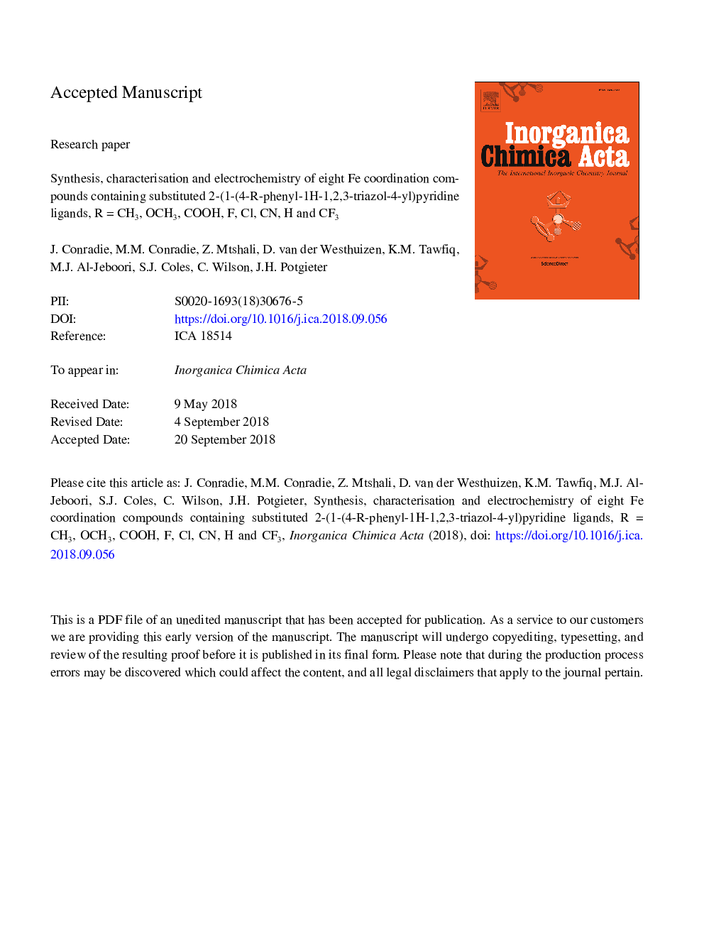 Synthesis, characterisation and electrochemistry of eight Fe coordination compounds containing substituted 2-(1-(4-R-phenyl-1H-1,2,3-triazol-4-yl)pyridine ligands, Râ¯=â¯CH3, OCH3, COOH, F, Cl, CN, H and CF3