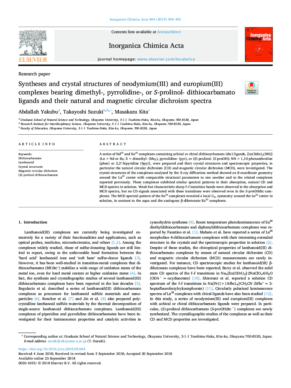 Syntheses and crystal structures of neodymium(III) and europium(III) complexes bearing dimethyl-, pyrrolidine-, or S-prolinol- dithiocarbamato ligands and their natural and magnetic circular dichroism spectra