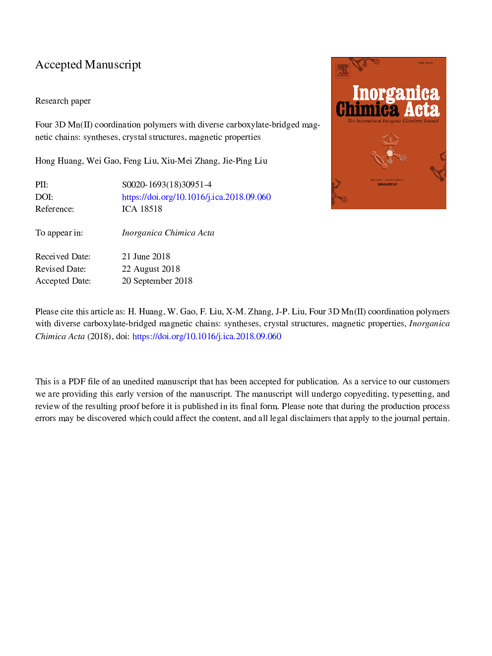 عکس صفحه اول مقاله: Four 3D Mn(II) coordination polymers with diverse carboxylate-bridged magnetic chains: Syntheses, crystal structures, magnetic properties Four 3D Mn(II) coordination polymers with diverse carboxylate-bridged magnetic chains: Syntheses, crystal structures, magnetic properties