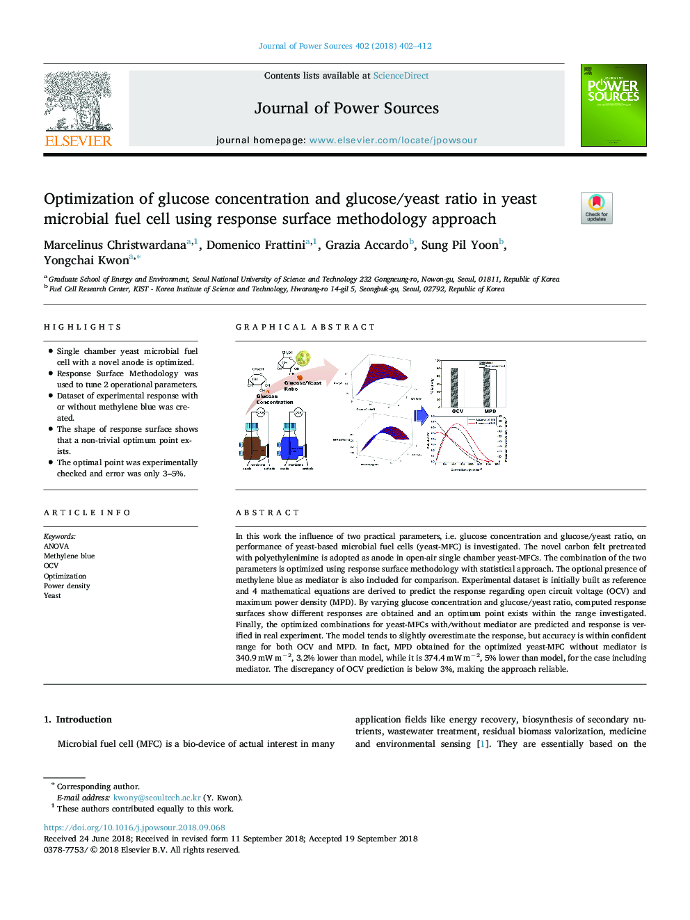 بهینه سازی غلظت گلوکز و نسبت گلوکز / مخمر در سلول های سوختی میکروبی مخمر با استفاده از رویکرد روش پاسخ سطحی