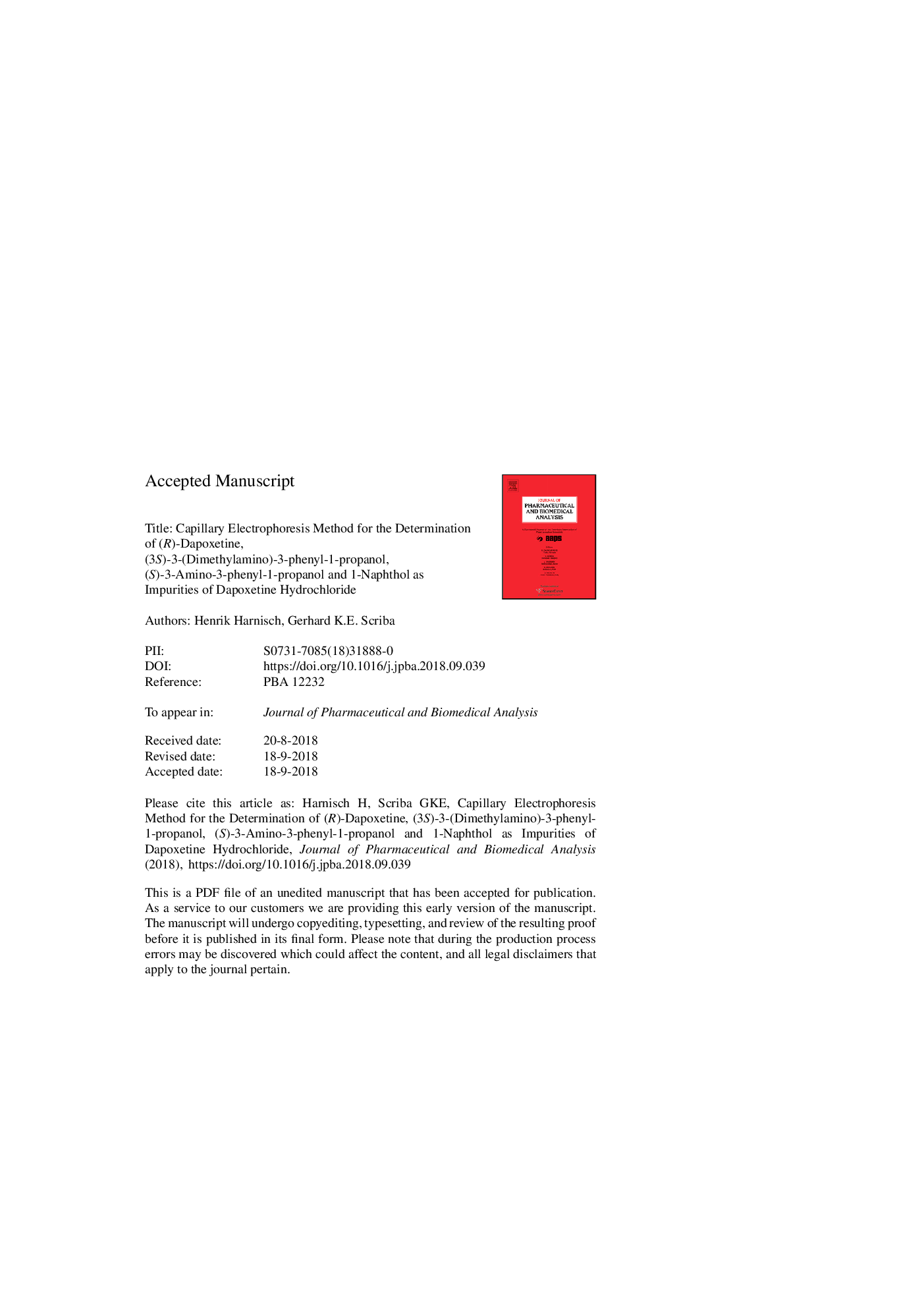 Capillary electrophoresis method for the determination of (R)-dapoxetine, (3S)-3-(dimethylamino)-3-phenyl-1-propanol, (S)-3-amino-3-phenyl-1-propanol and 1-naphthol as impurities of dapoxetine hydrochloride