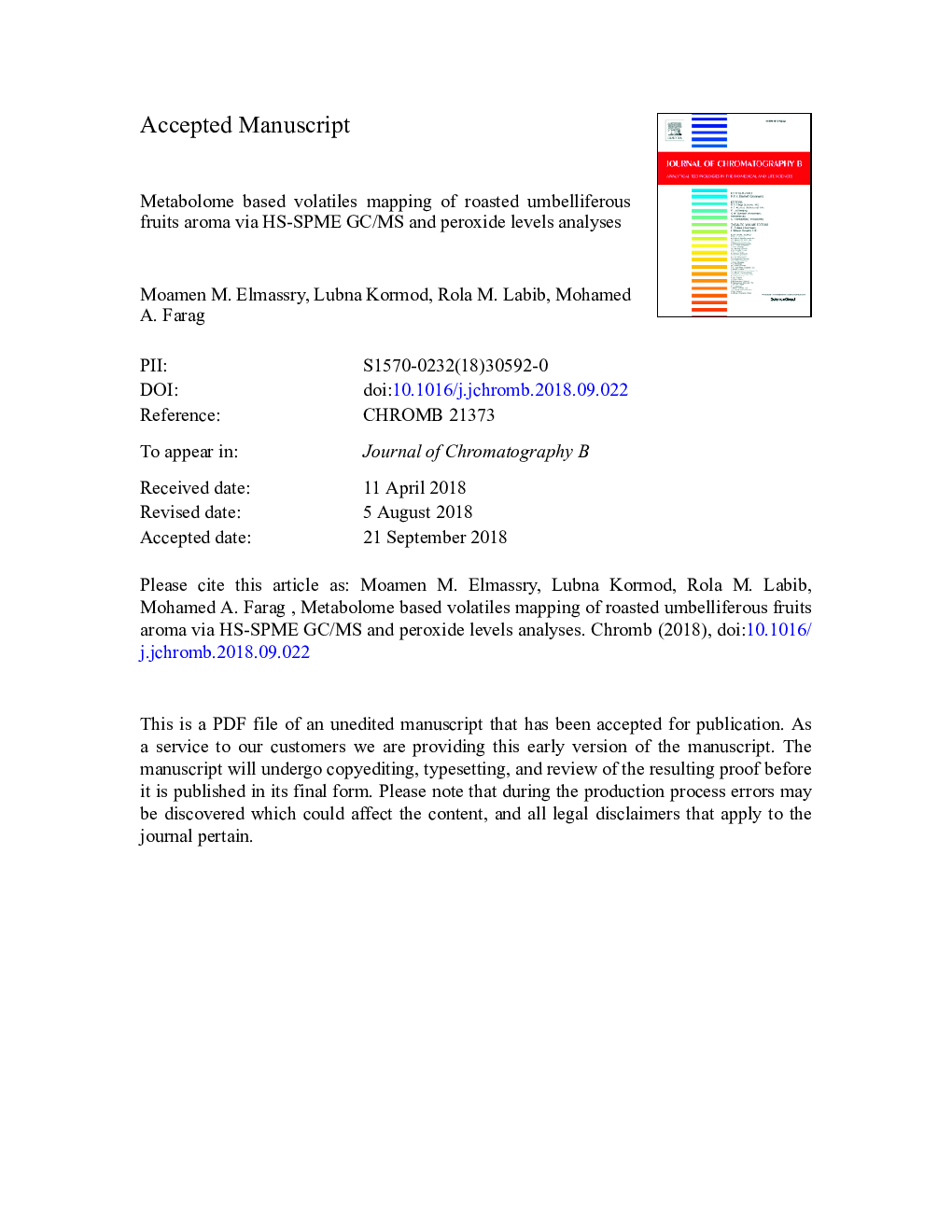 Metabolome based volatiles mapping of roasted umbelliferous fruits aroma via HS-SPME GC/MS and peroxide levels analyses