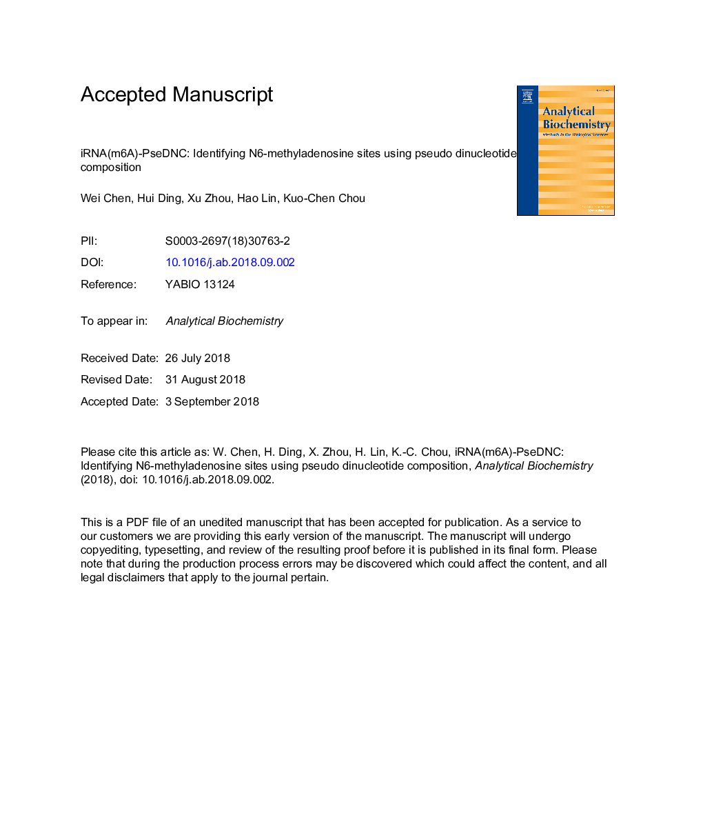 iRNA(m6A)-PseDNC: Identifying N6-methyladenosine sites using pseudo dinucleotide composition