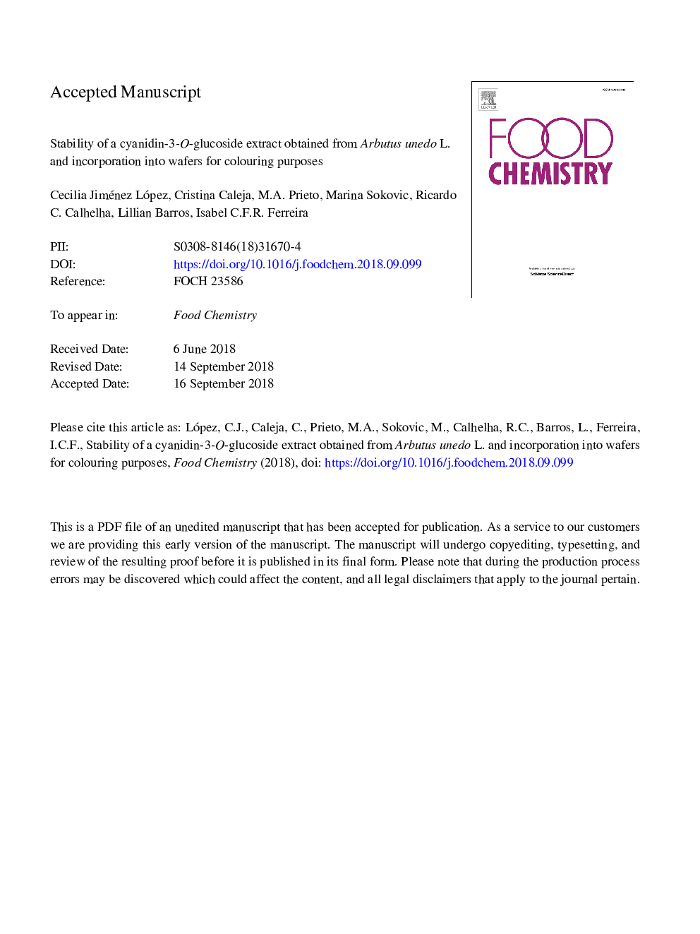 عکس صفحه اول مقاله: Stability of a cyanidin-3-O-glucoside extract obtained from Arbutus unedo L. and incorporation into wafers for colouring purposes Stability of a cyanidin-3-O-glucoside extract obtained from Arbutus unedo L. and incorporation into wafers for colouring purposes