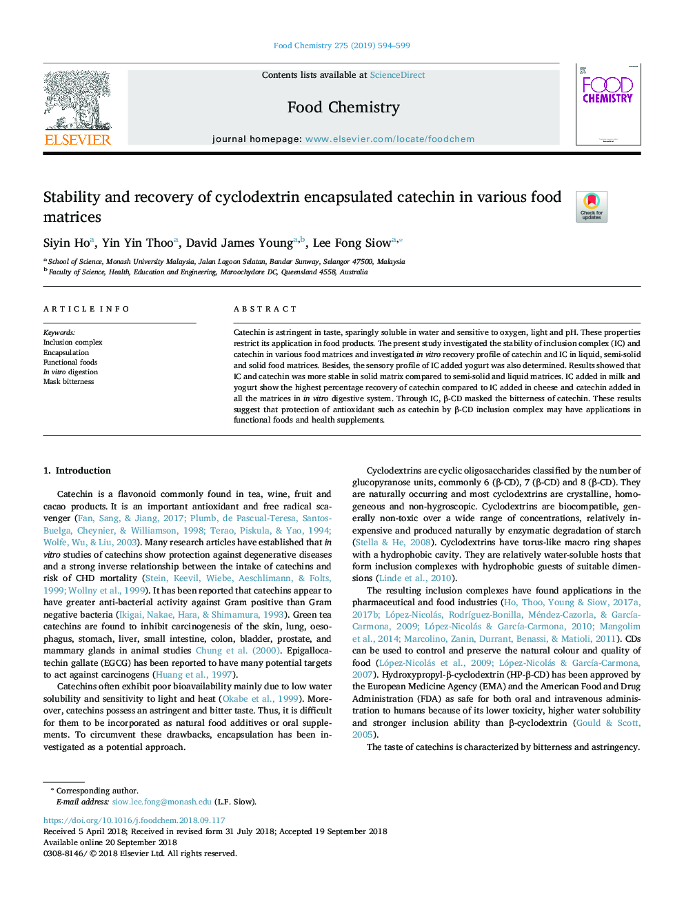 Stability and recovery of cyclodextrin encapsulated catechin in various food matrices