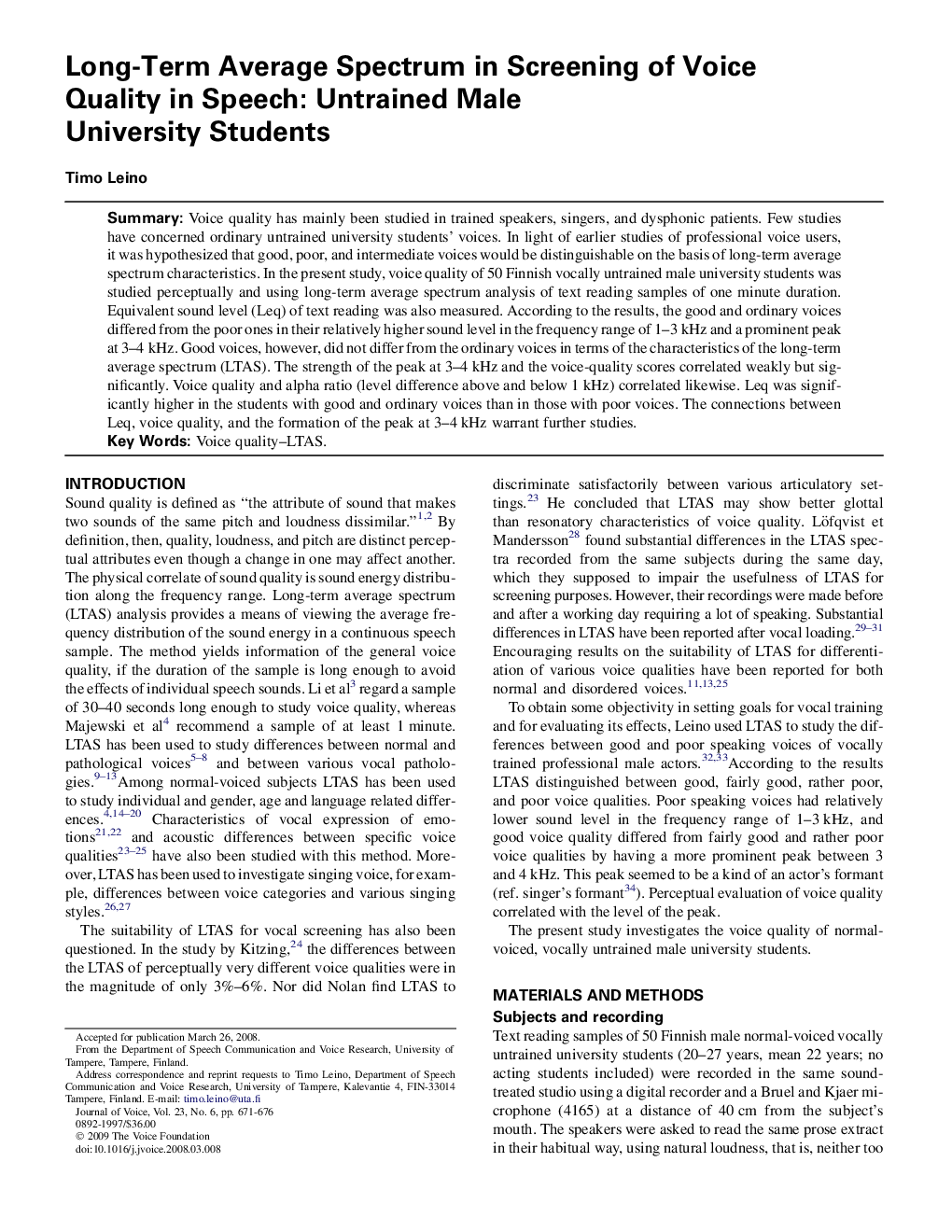 Long-Term Average Spectrum in Screening of Voice Quality in Speech: Untrained Male University Students