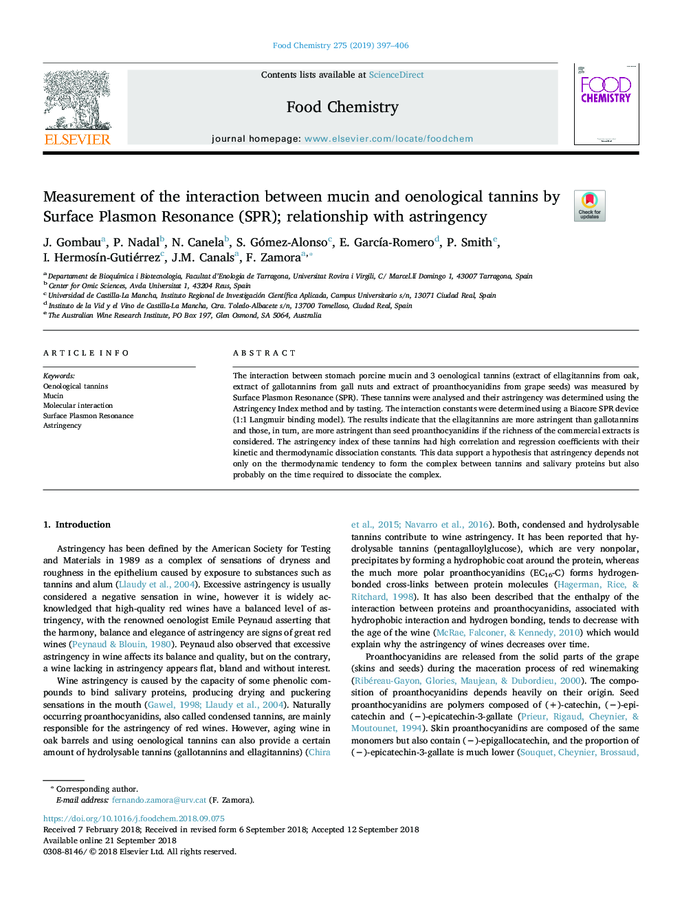 Measurement of the interaction between mucin and oenological tannins by Surface Plasmon Resonance (SPR); relationship with astringency