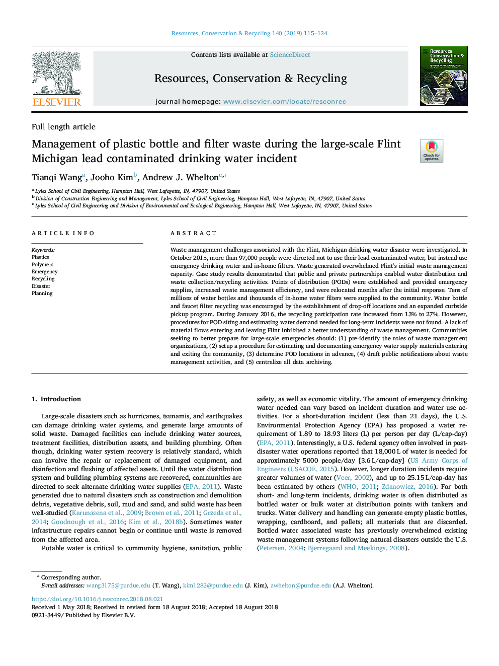 Management of plastic bottle and filter waste during the large-scale Flint Michigan lead contaminated drinking water incident