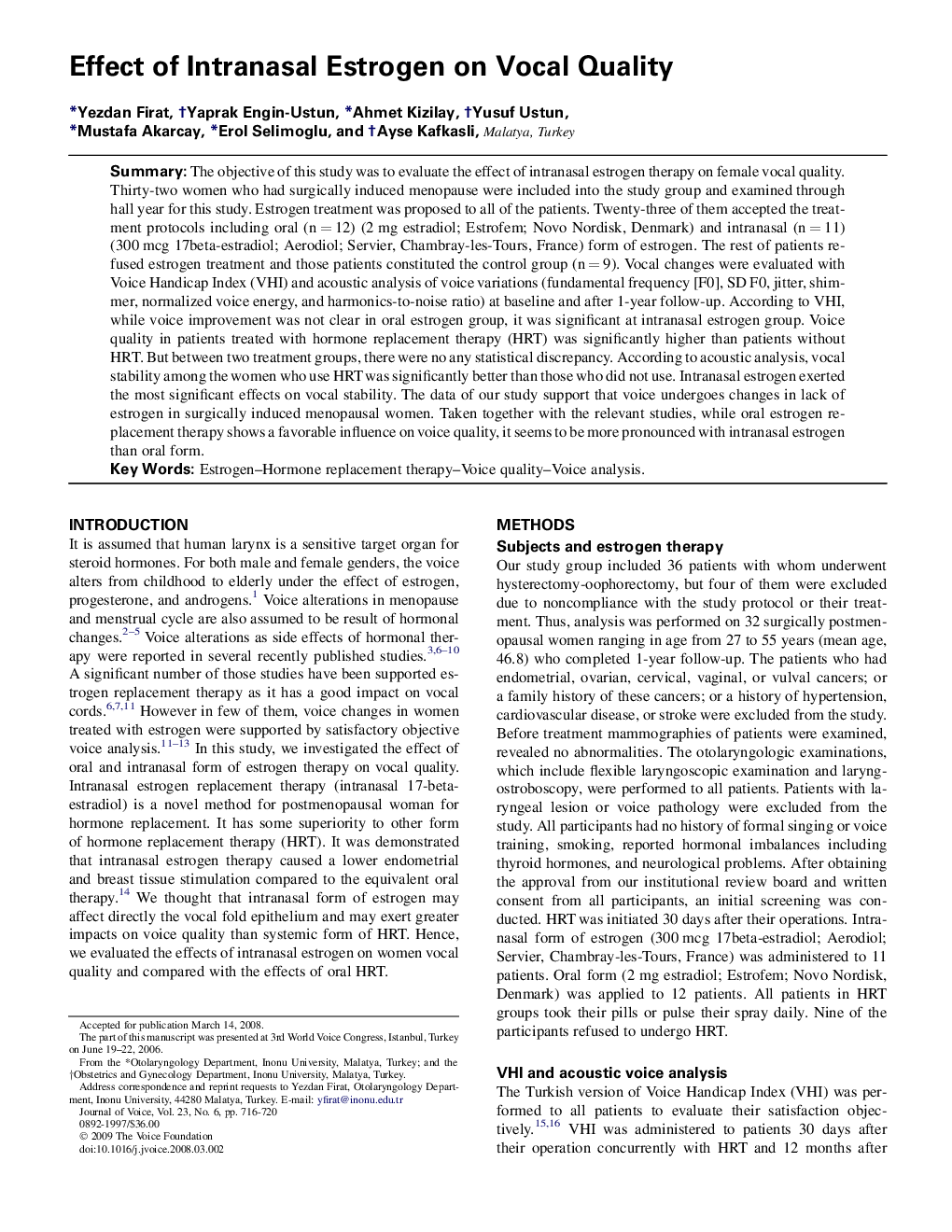 Effect of Intranasal Estrogen on Vocal Quality 