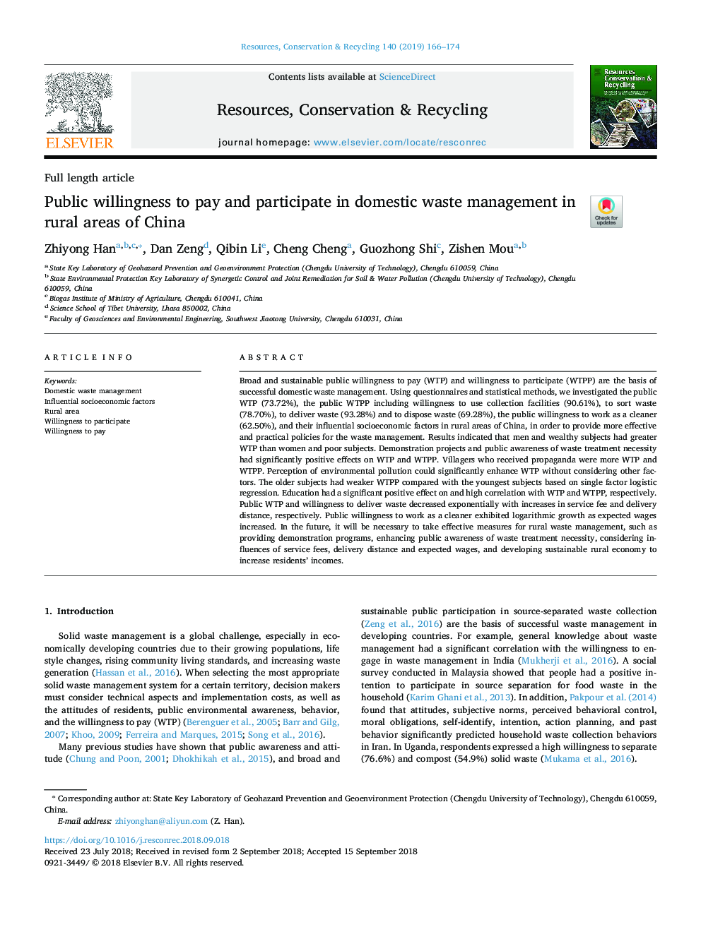 Public willingness to pay and participate in domestic waste management in rural areas of China