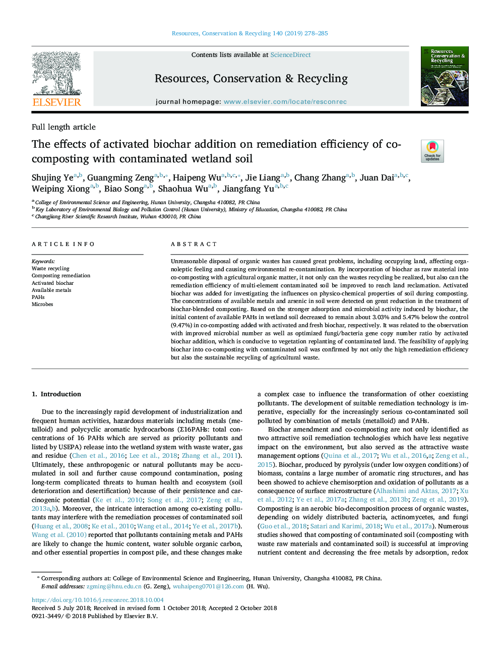 The effects of activated biochar addition on remediation efficiency of co-composting with contaminated wetland soil