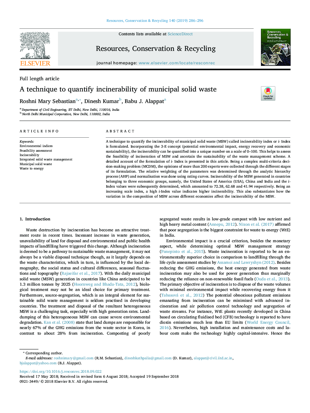 A technique to quantify incinerability of municipal solid waste