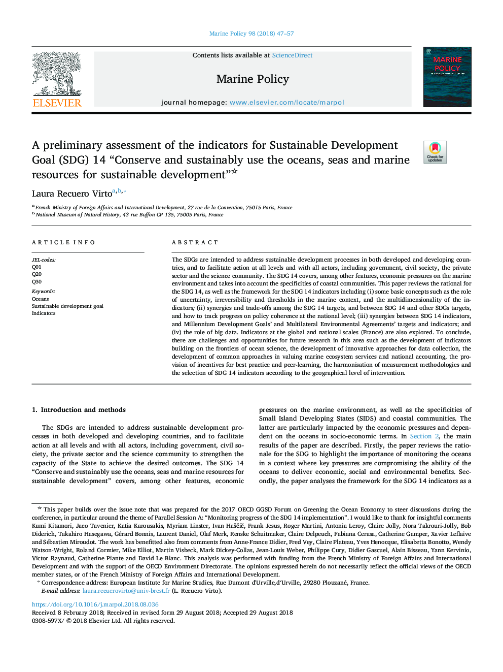 A preliminary assessment of the indicators for Sustainable Development Goal (SDG) 14 “Conserve and sustainably use the oceans, seas and marine resources for sustainable development”