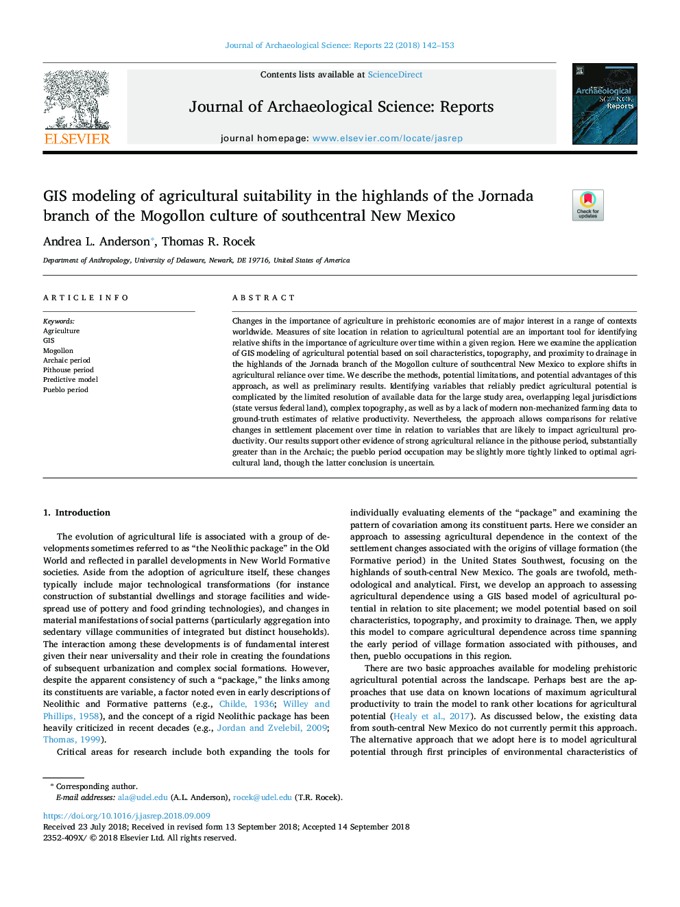 GIS modeling of agricultural suitability in the highlands of the Jornada branch of the Mogollon culture of southcentral New Mexico