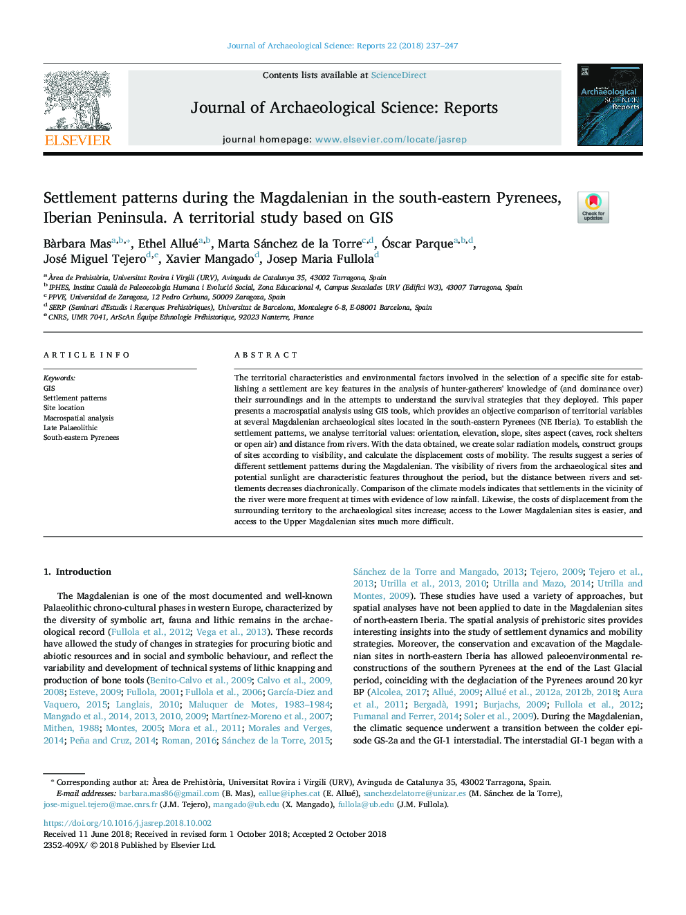 Settlement patterns during the Magdalenian in the south-eastern Pyrenees, Iberian Peninsula. A territorial study based on GIS