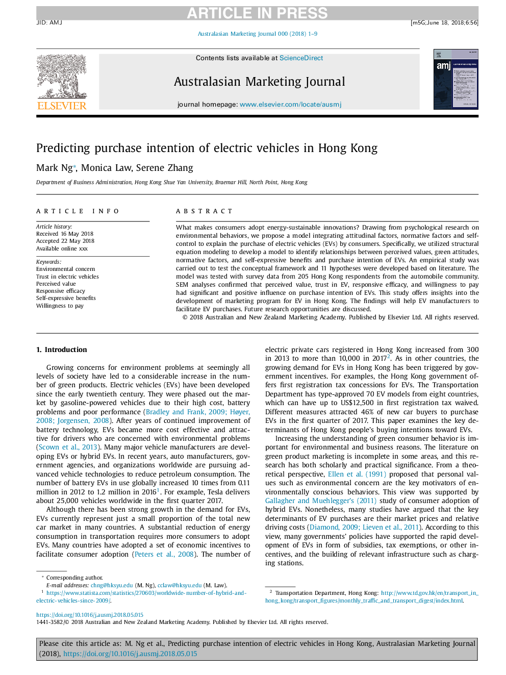 Predicting purchase intention of electric vehicles in Hong Kong