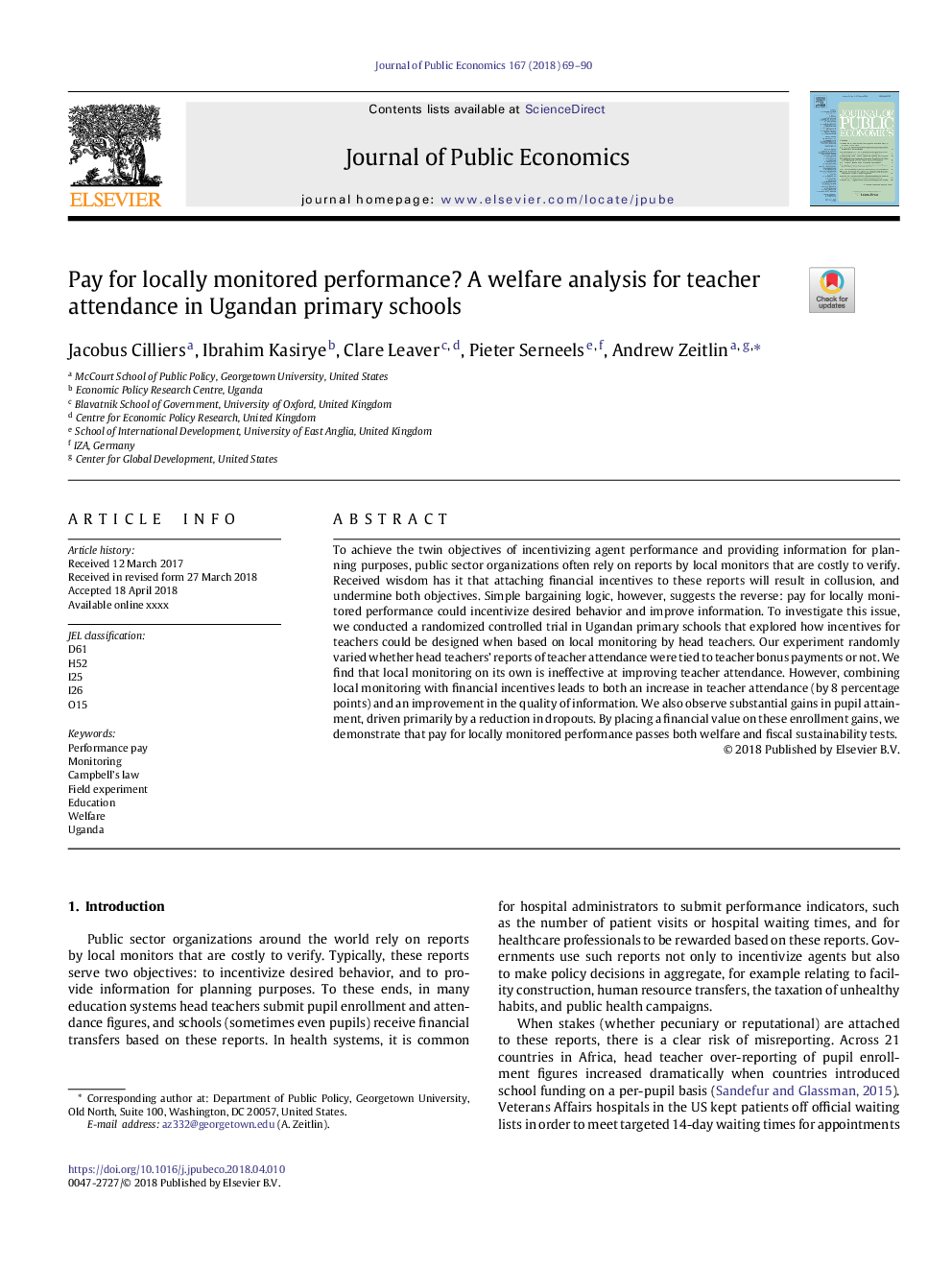 Pay for locally monitored performance? A welfare analysis for teacher attendance in Ugandan primary schools