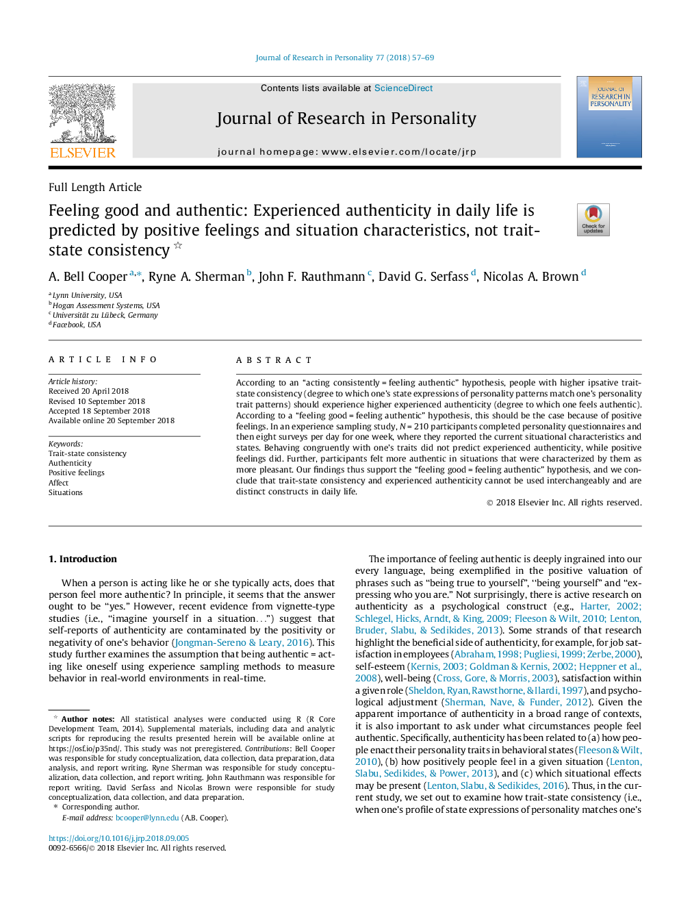 Feeling good and authentic: Experienced authenticity in daily life is predicted by positive feelings and situation characteristics, not trait-state consistency