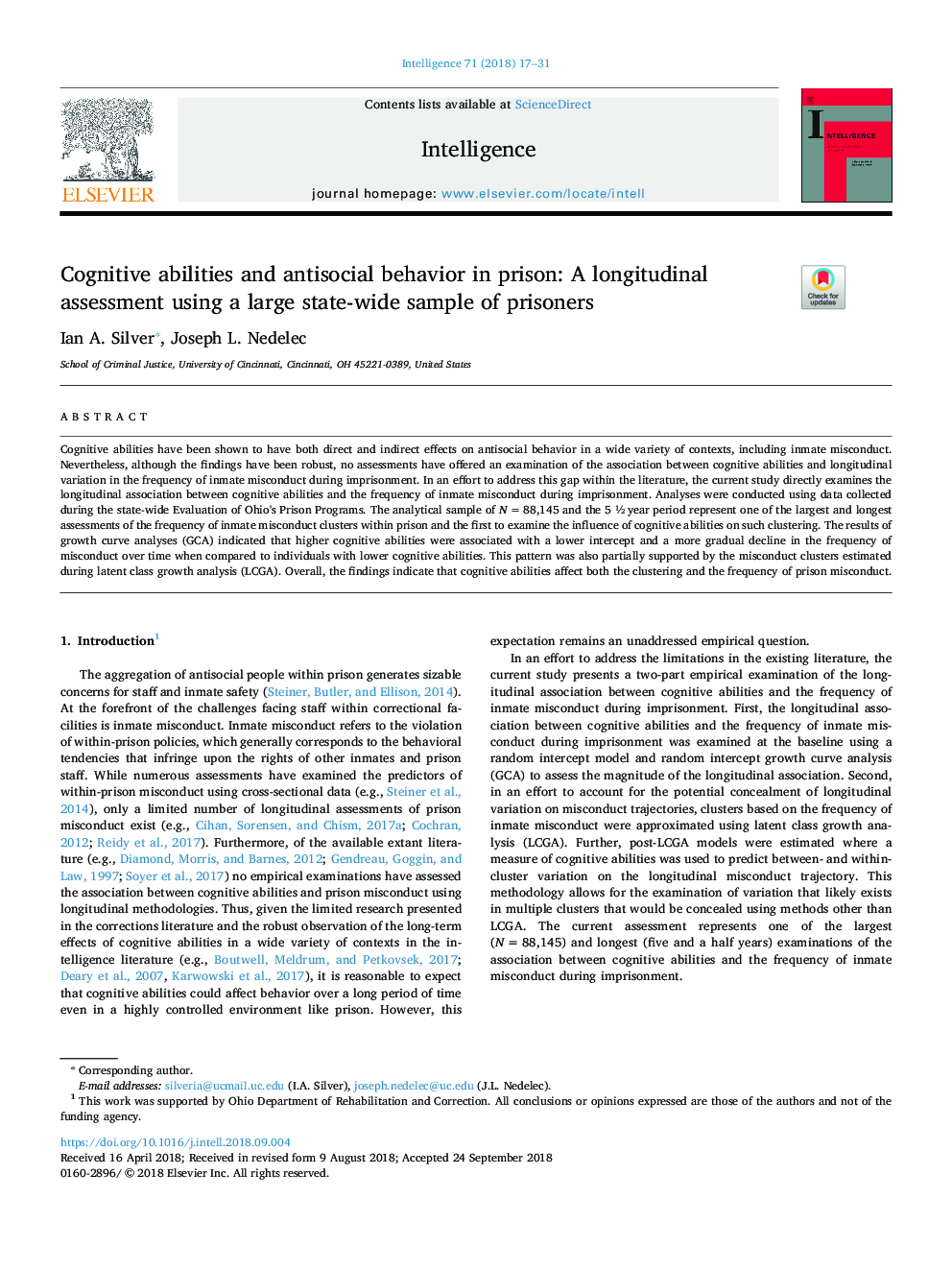 Cognitive abilities and antisocial behavior in prison: A longitudinal assessment using a large state-wide sample of prisoners