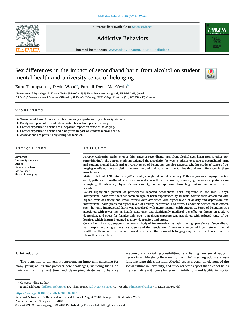 Sex differences in the impact of secondhand harm from alcohol on student mental health and university sense of belonging