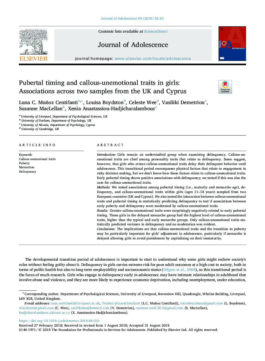 Pubertal timing and callous-unemotional traits in girls: Associations across two samples from the UK and Cyprus