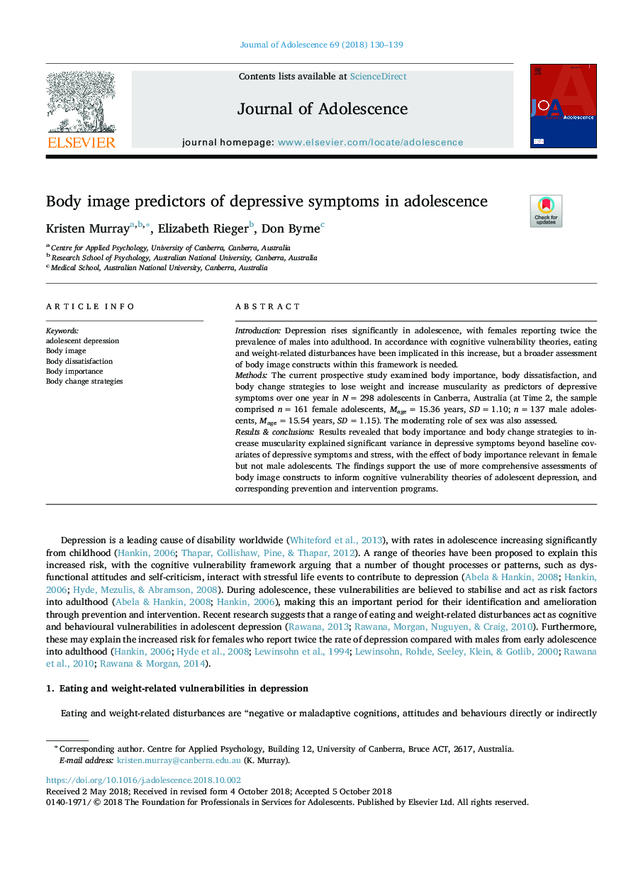 Body image predictors of depressive symptoms in adolescence