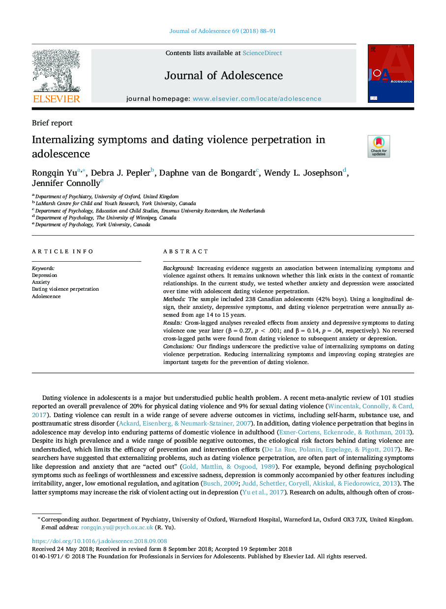 Internalizing symptoms and dating violence perpetration in adolescence