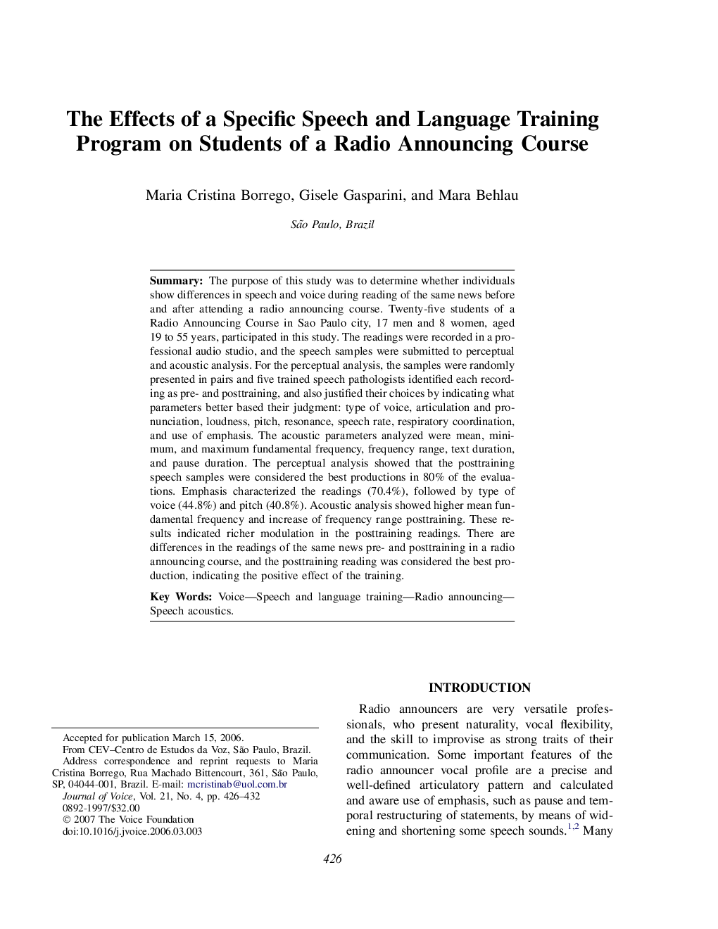 The Effects of a Specific Speech and Language Training Program on Students of a Radio Announcing Course