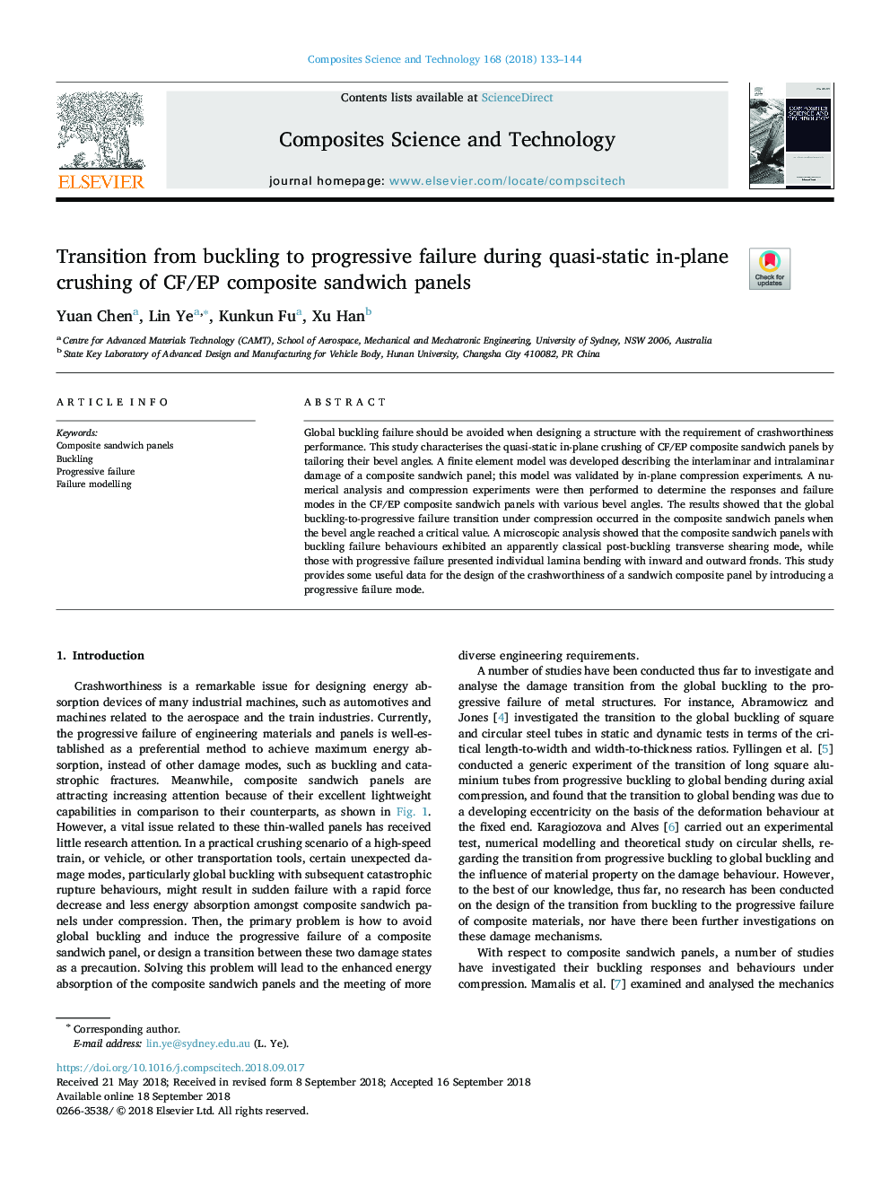 Transition from buckling to progressive failure during quasi-static in-plane crushing of CF/EP composite sandwich panels