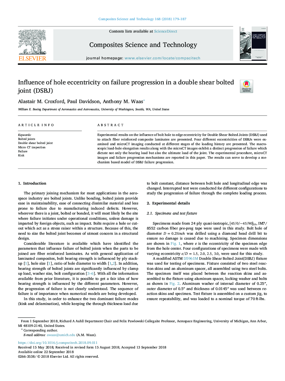 Influence of hole eccentricity on failure progression in a double shear bolted joint (DSBJ)