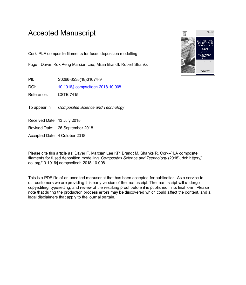 Cork-PLA composite filaments for fused deposition modelling