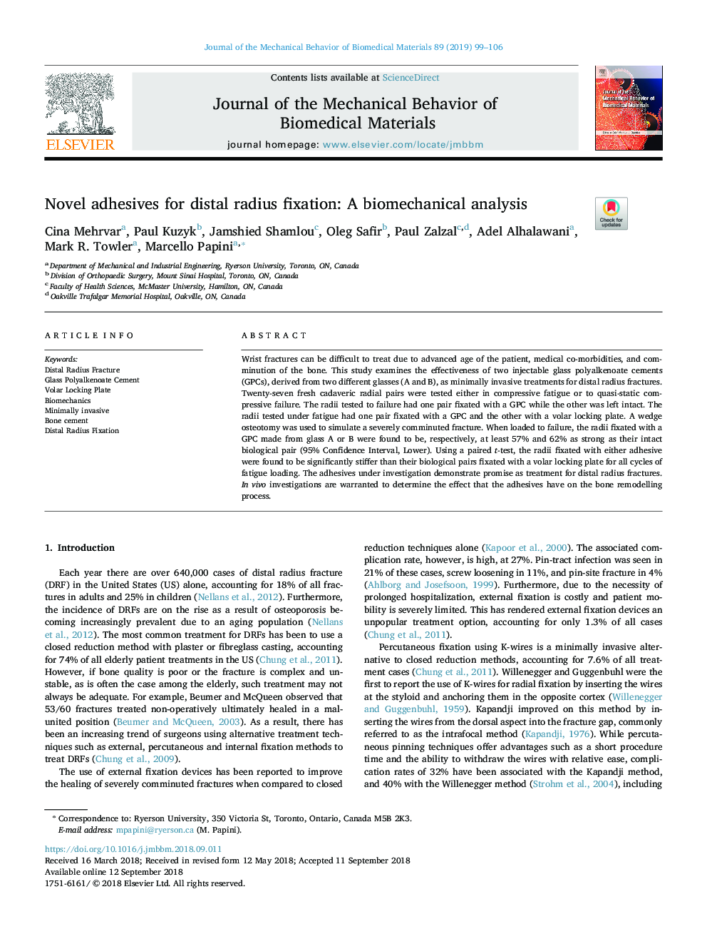 Novel adhesives for distal radius fixation: A biomechanical analysis