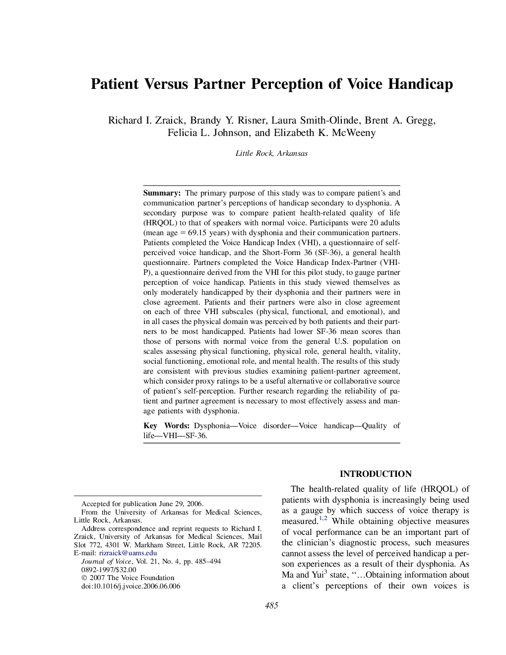 Patient Versus Partner Perception of Voice Handicap