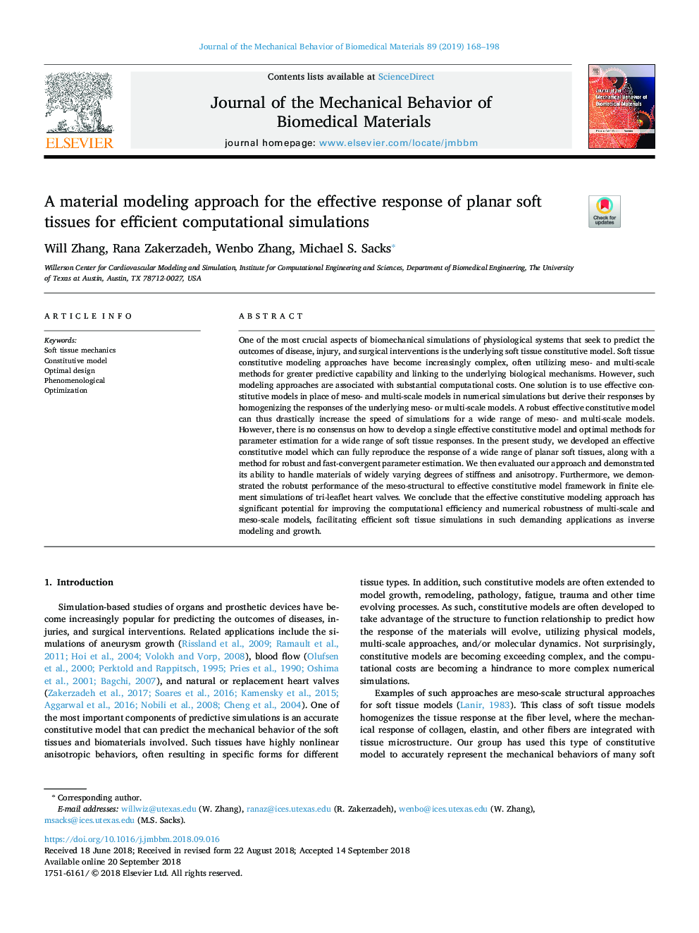 A material modeling approach for the effective response of planar soft tissues for efficient computational simulations