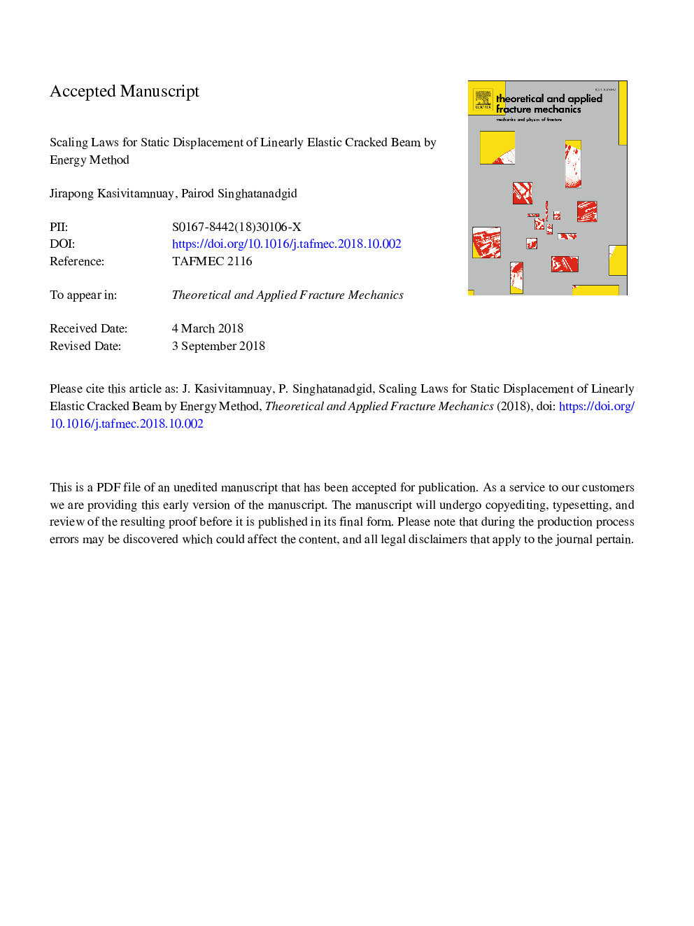 Scaling laws for static displacement of linearly elastic cracked beam by energy method