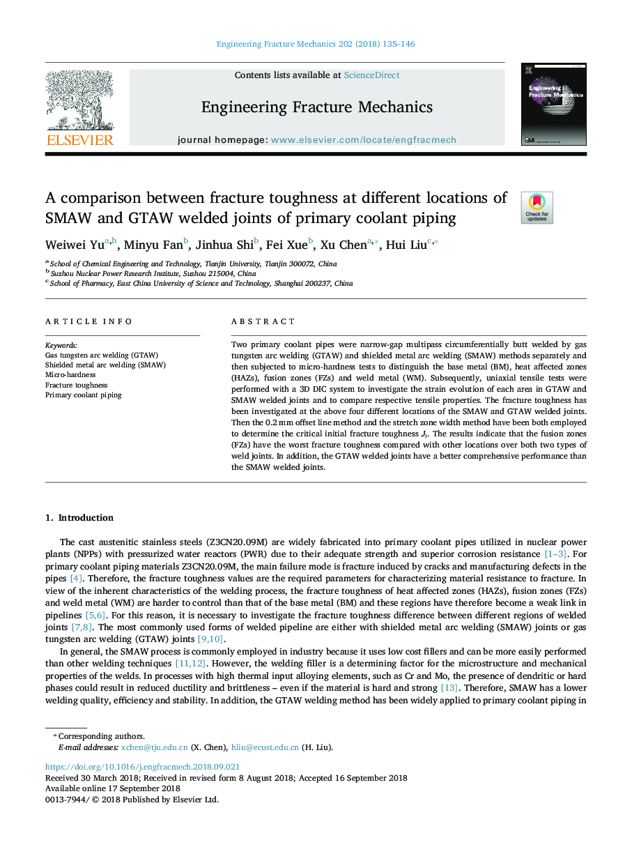 A comparison between fracture toughness at different locations of SMAW and GTAW welded joints of primary coolant piping