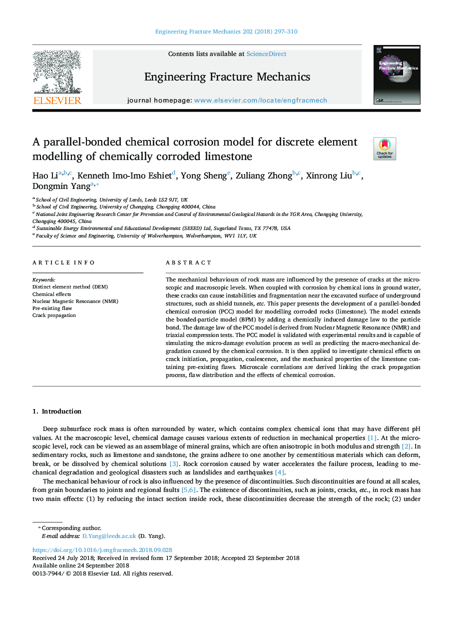 A parallel-bonded chemical corrosion model for discrete element modelling of chemically corroded limestone