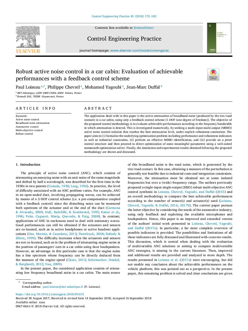 Robust active noise control in a car cabin: Evaluation of achievable performances with a feedback control scheme