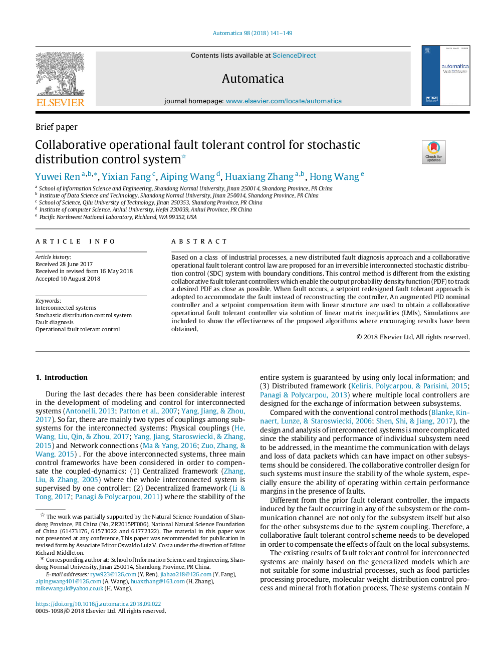 Collaborative operational fault tolerant control for stochastic distribution control system