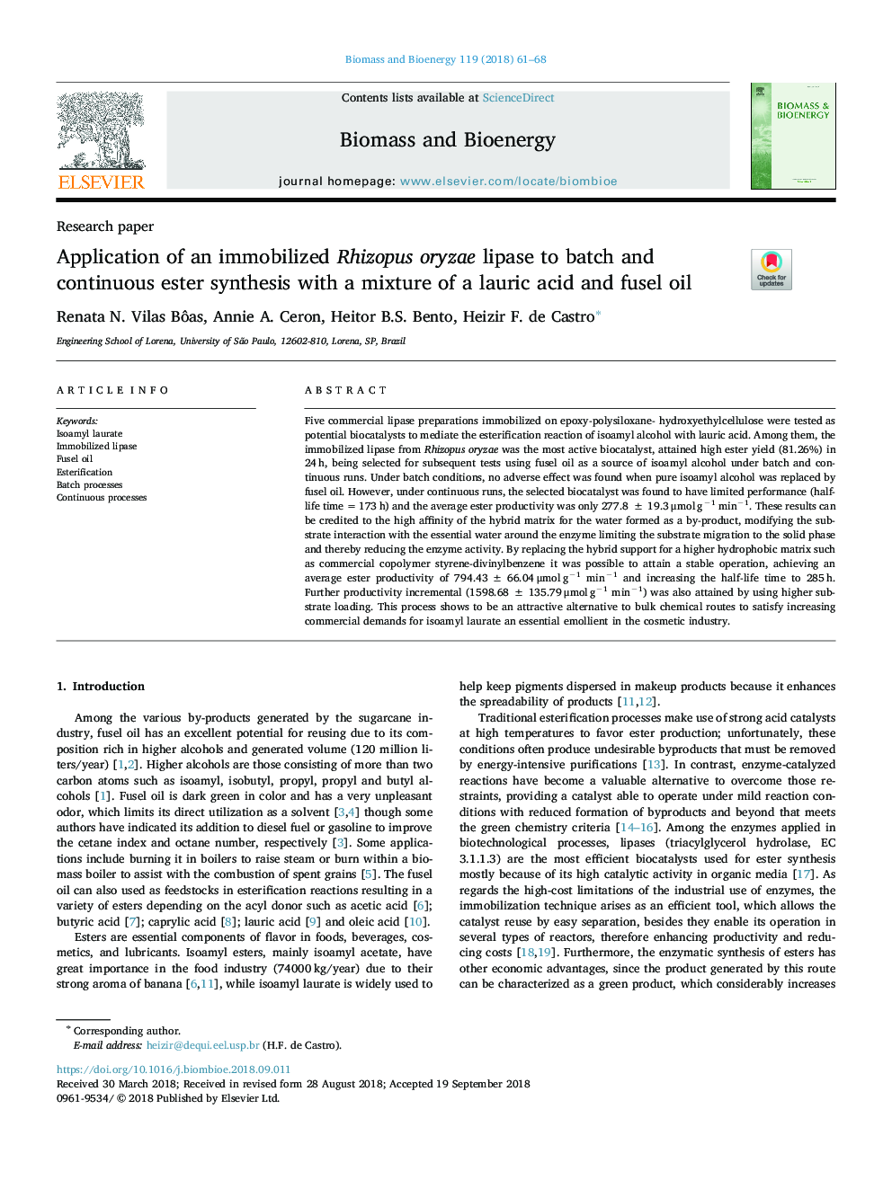 Application of an immobilized Rhizopus oryzae lipase to batch and continuous ester synthesis with a mixture of a lauric acid and fusel oil