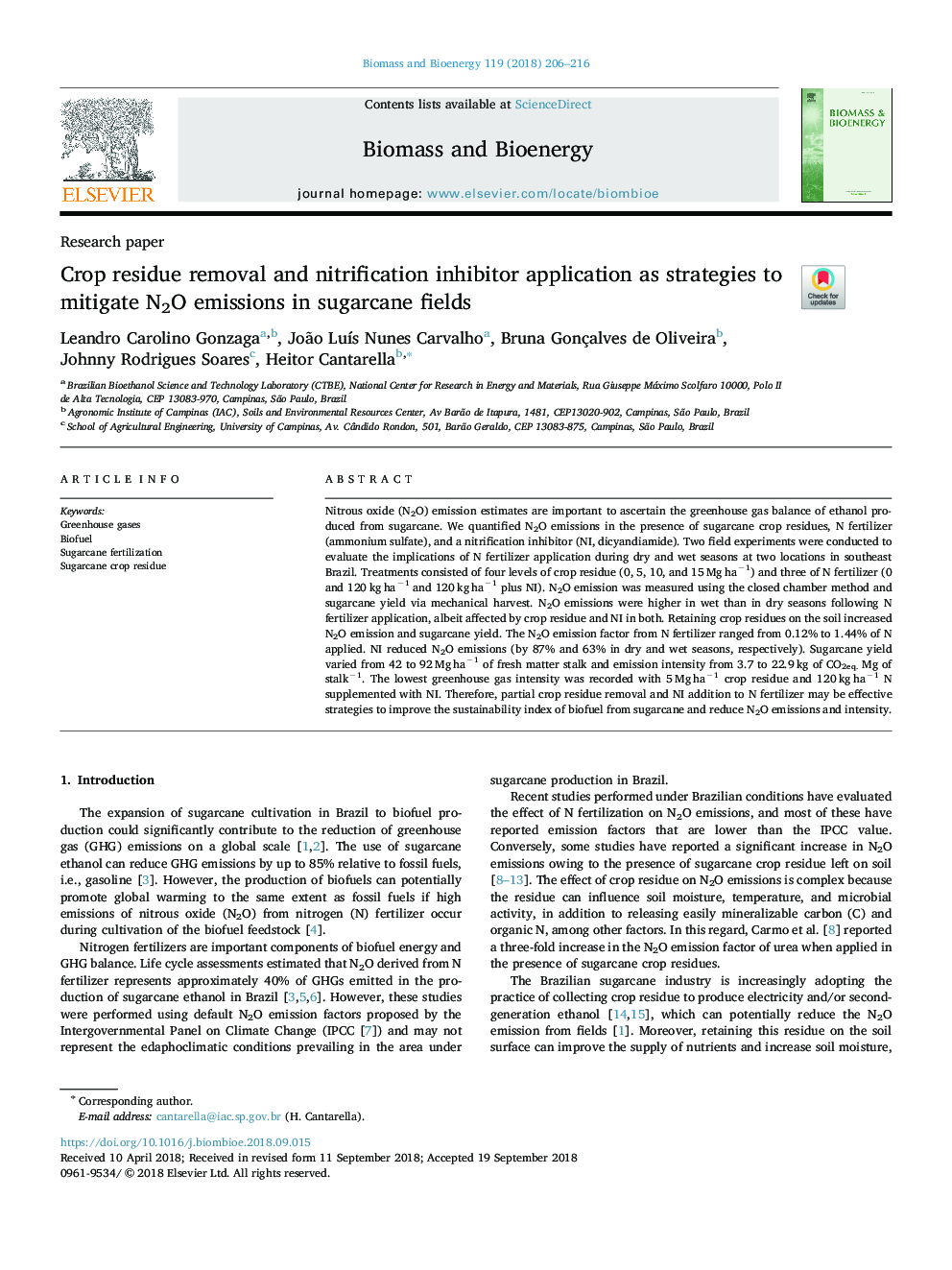 Crop residue removal and nitrification inhibitor application as strategies to mitigate N2O emissions in sugarcane fields