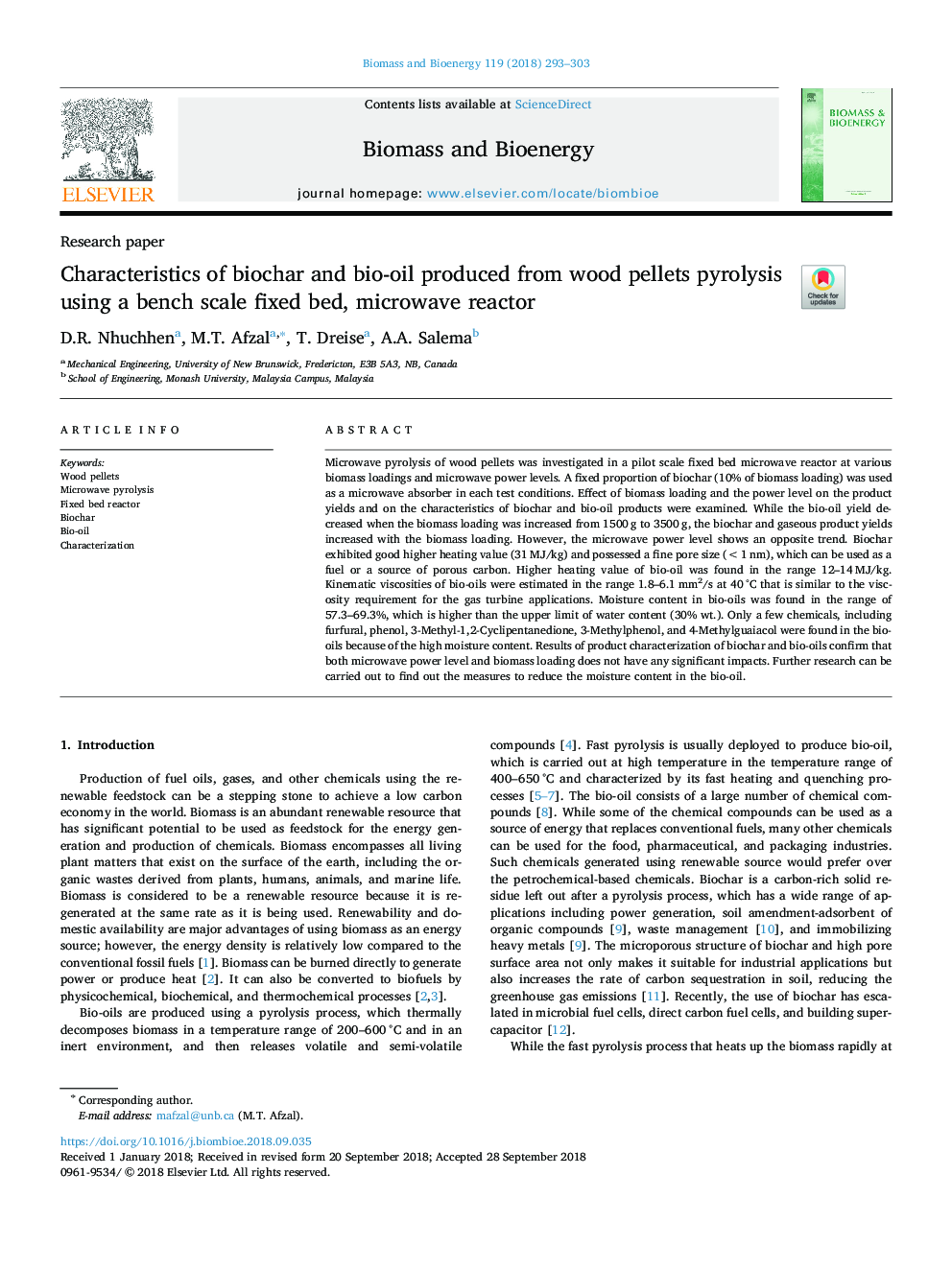 Characteristics of biochar and bio-oil produced from wood pellets pyrolysis using a bench scale fixed bed, microwave reactor